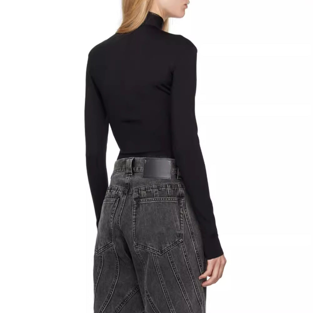 Hollow out pentagram base slim fit top for women with a high-end feel, autumn new style, niche design, casual top