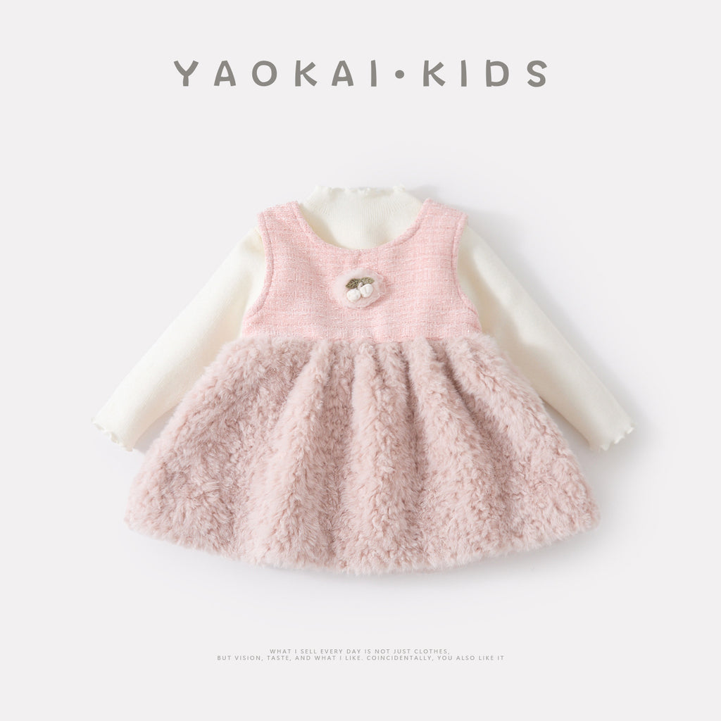 Cute Fuzzy Dress Set for Baby Girls, Warm Knit Sweater and Skirt Two-Piece Outfit