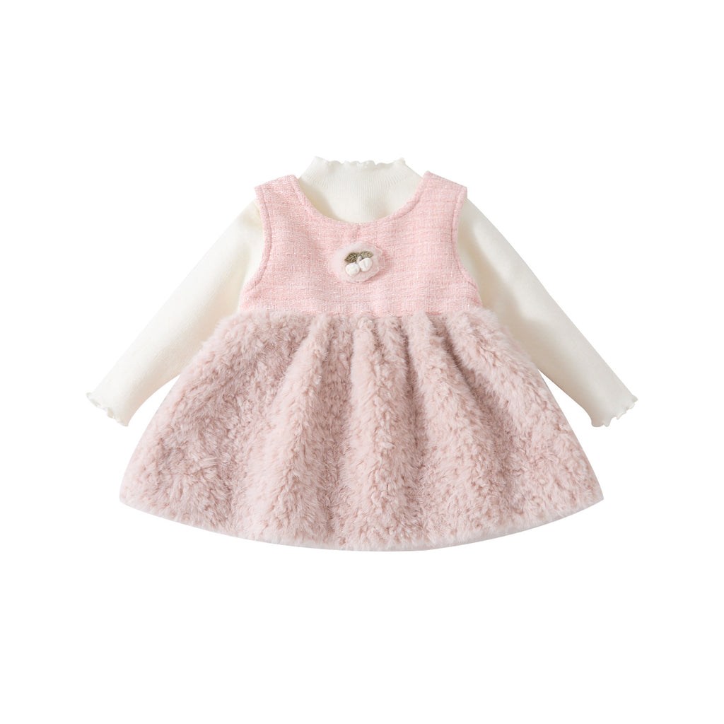 Cute Fuzzy Dress Set for Baby Girls, Warm Knit Sweater and Skirt Two-Piece Outfit